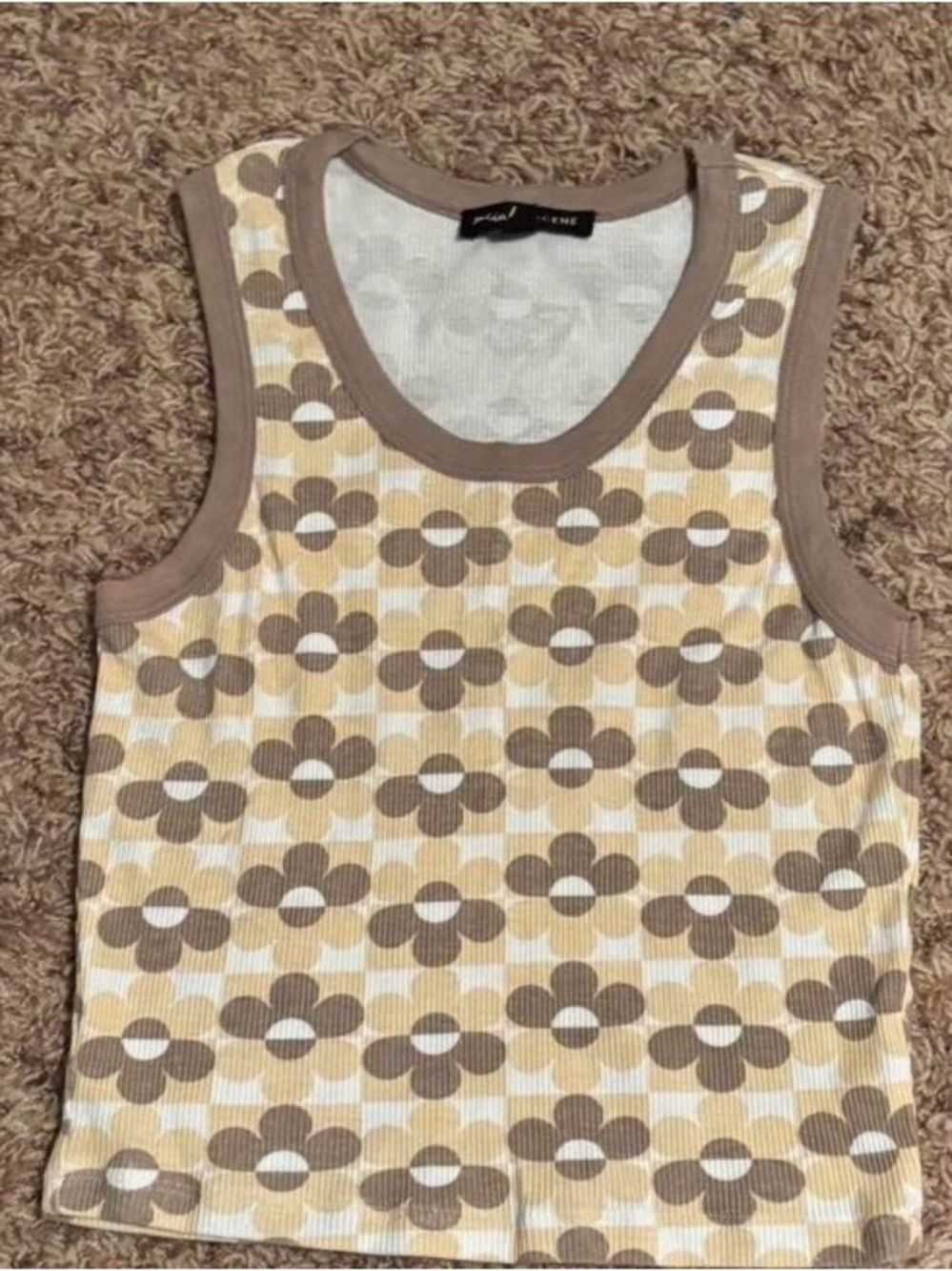 Retro Floral Ribbed Tank Top in Brown and Yellow - Women